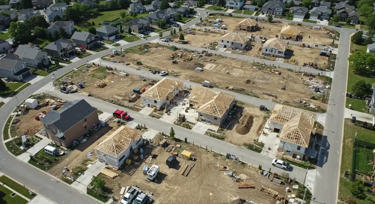Aerial view of a residential construction site with incomplete homes, reflecting slow housing development.