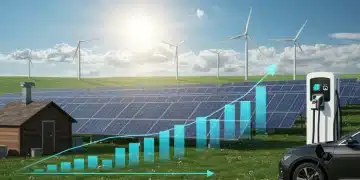 Renewable energy infrastructure with solar panels, wind turbines, and electric car charging, symbolizing the 2026 Energy Policy Shift in the US.