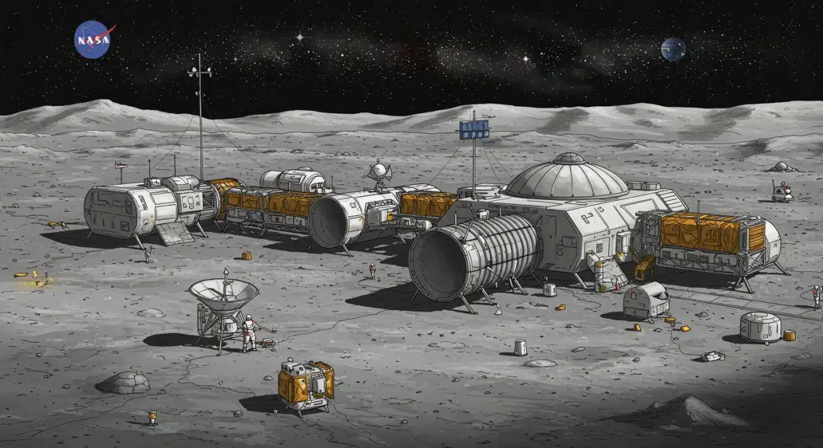 Future lunar outpost with habitats and scientific gear, representing sustained Moon presence.