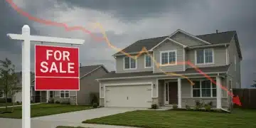 For sale sign in front of a suburban house, symbolizing declining new home sales in the US housing market 2026.