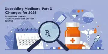 Illustration of Medicare Part D changes for 2026, magnifying glass over prescription bottle