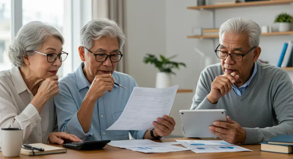 Seniors reviewing financial documents, planning for the 2026 Social Security COLA and its impact on their benefits.