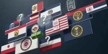 Illustration of state flags, money symbols, and documents for 2026 unemployment benefits