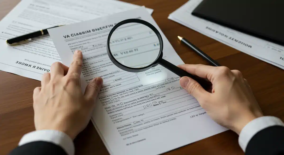 Hands meticulously reviewing and highlighting sections of a VA disability claim form.
