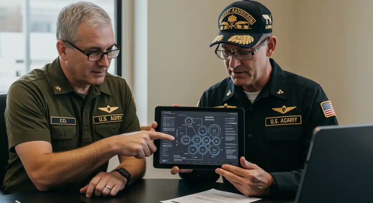 Veteran consulting with an expert on VA disability benefits, reviewing digital information.