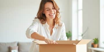 Free Shein A beautiful housewife woman takes things out of an open cardboard box and smiles