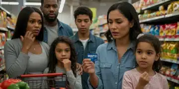 Family at grocery store with SNAP EBT card, concerned about budget changes