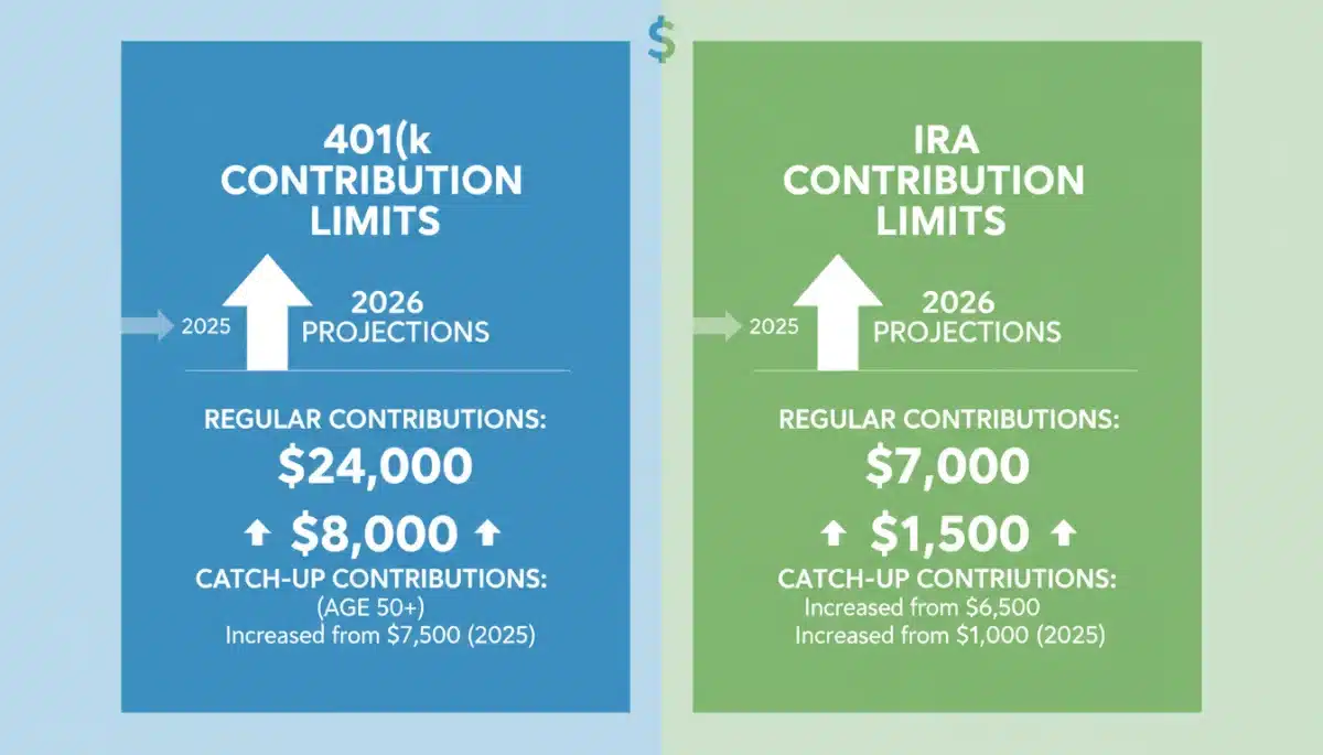 Infographic displaying projected 2026 401(k) and IRA contribution limits, including regular and catch-up amounts.
