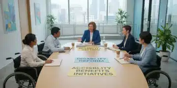 Diverse individuals discussing disability benefits with official, accessible office setting.