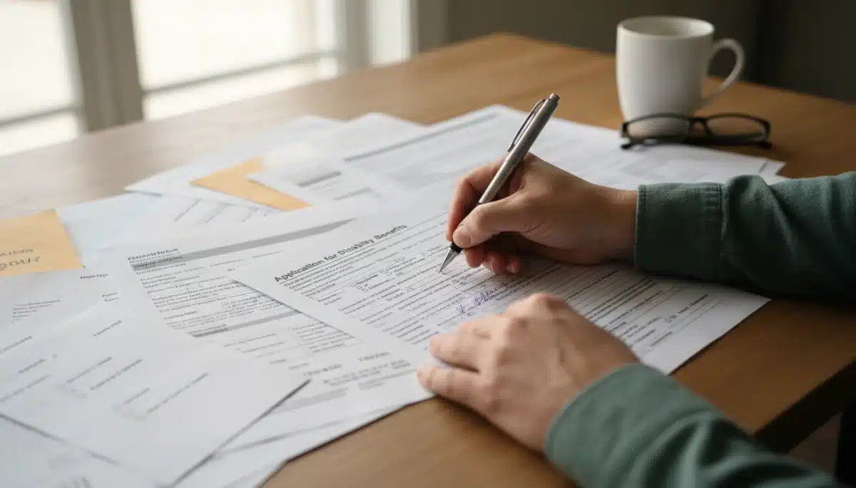 Hands filling out disability benefits application forms.