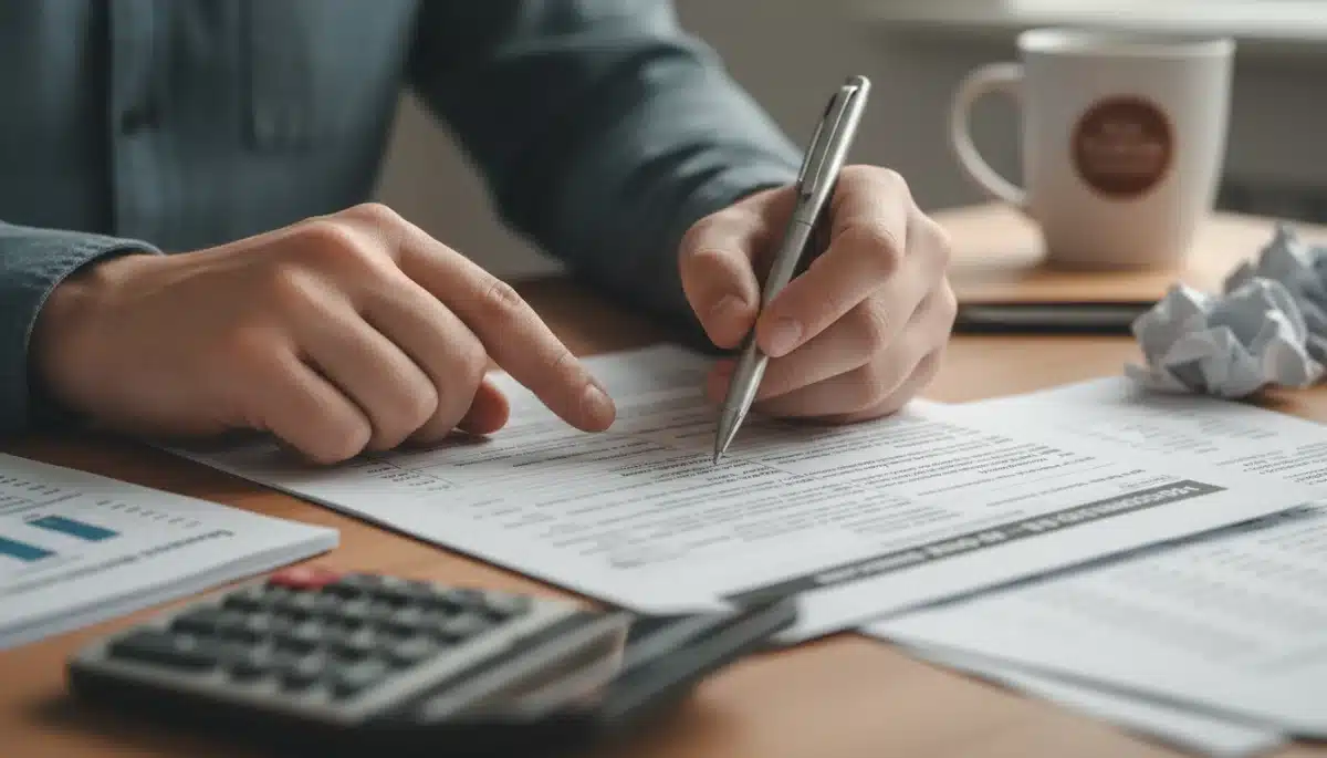 Person analyzing detailed health insurance policy documents during open enrollment.