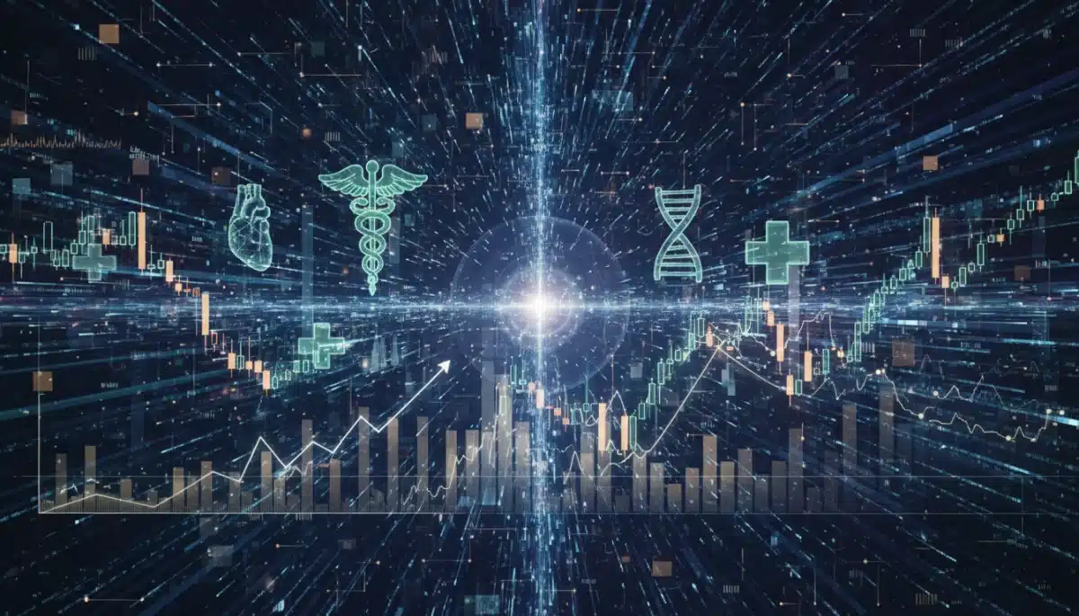 Abstract visualization of interconnected healthcare data and financial systems.