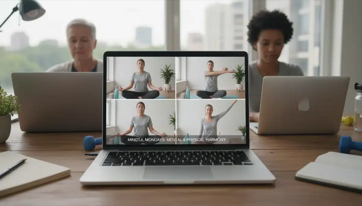 Employees engaging in virtual wellness, highlighting mental health and flexible benefits.