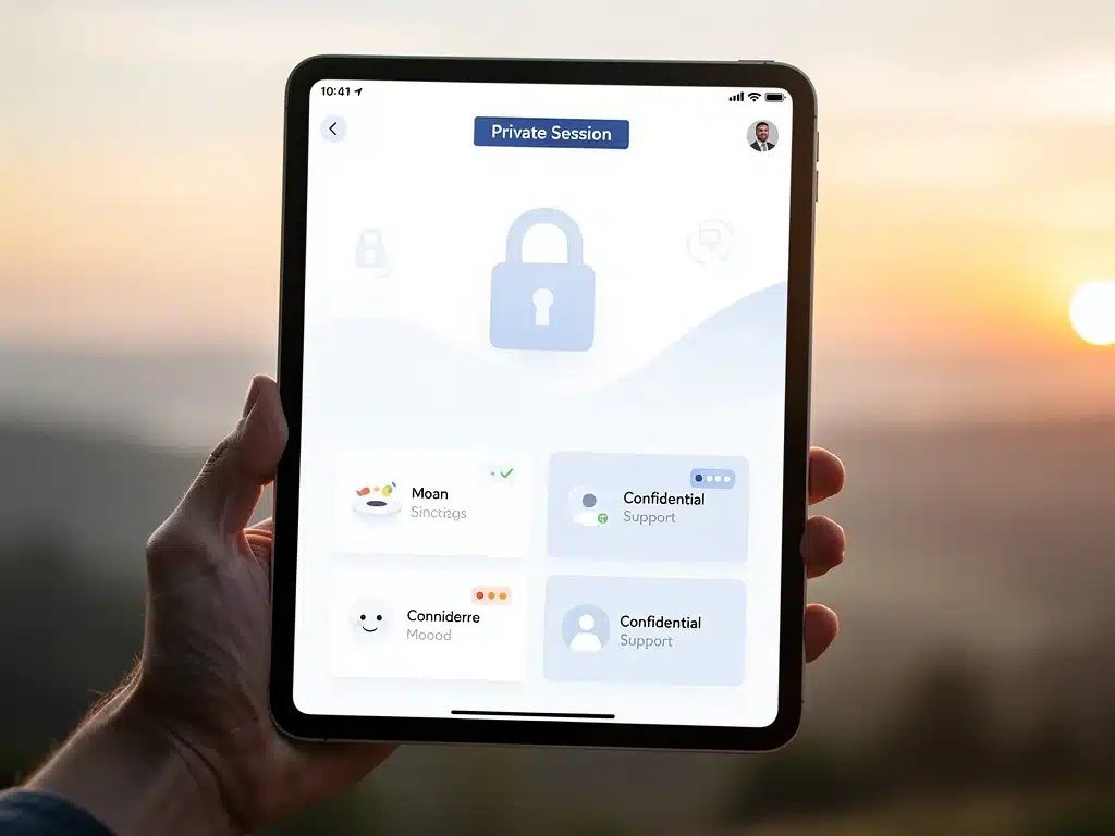 Digital mental health app on a tablet, emphasizing confidential and accessible support.