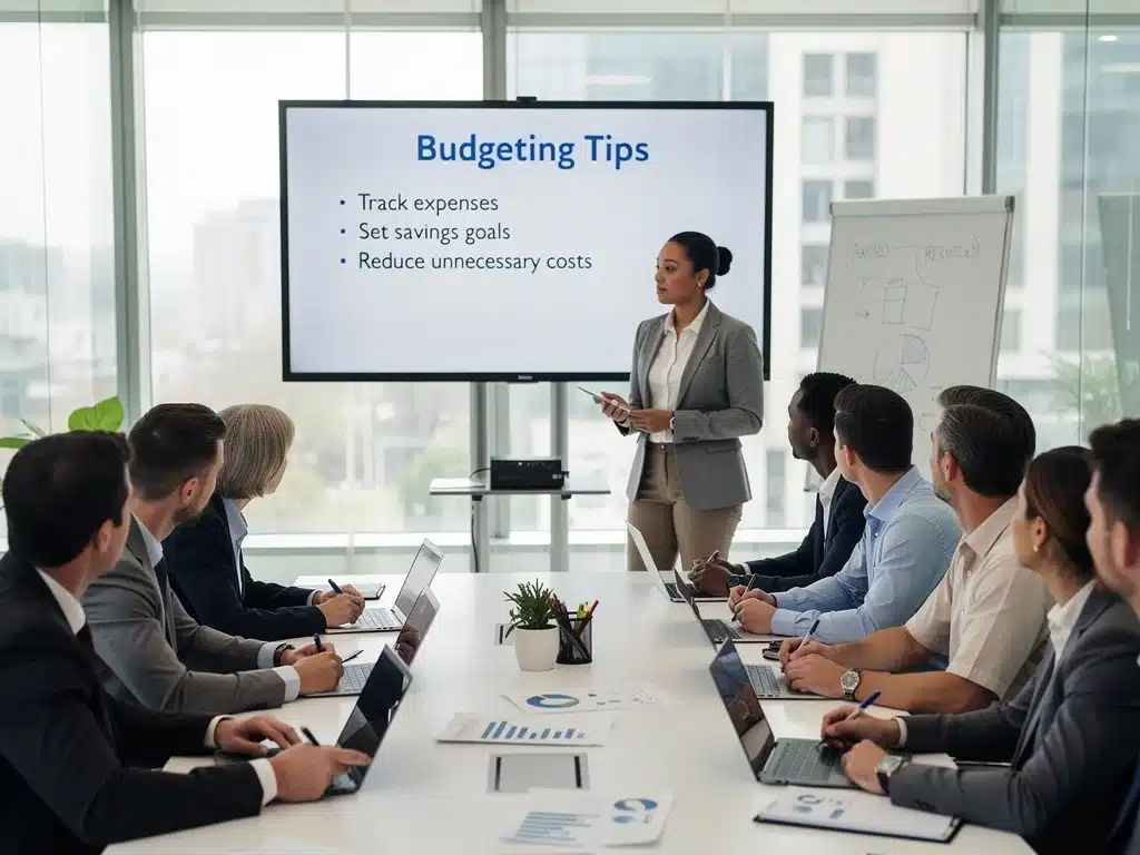 Employees at a financial literacy workshop, demonstrating practical skill development perks.