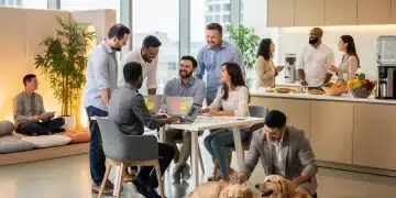 Employees enjoying unconventional benefits in a modern office, showcasing future employee perks.