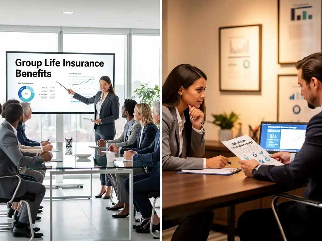 Comparing group and individual life insurance policy discussions.