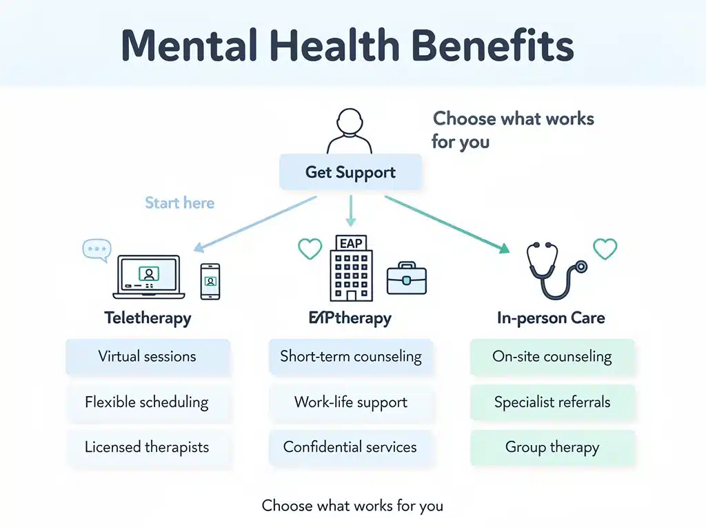 Infographic showing various mental health benefit access points and services.