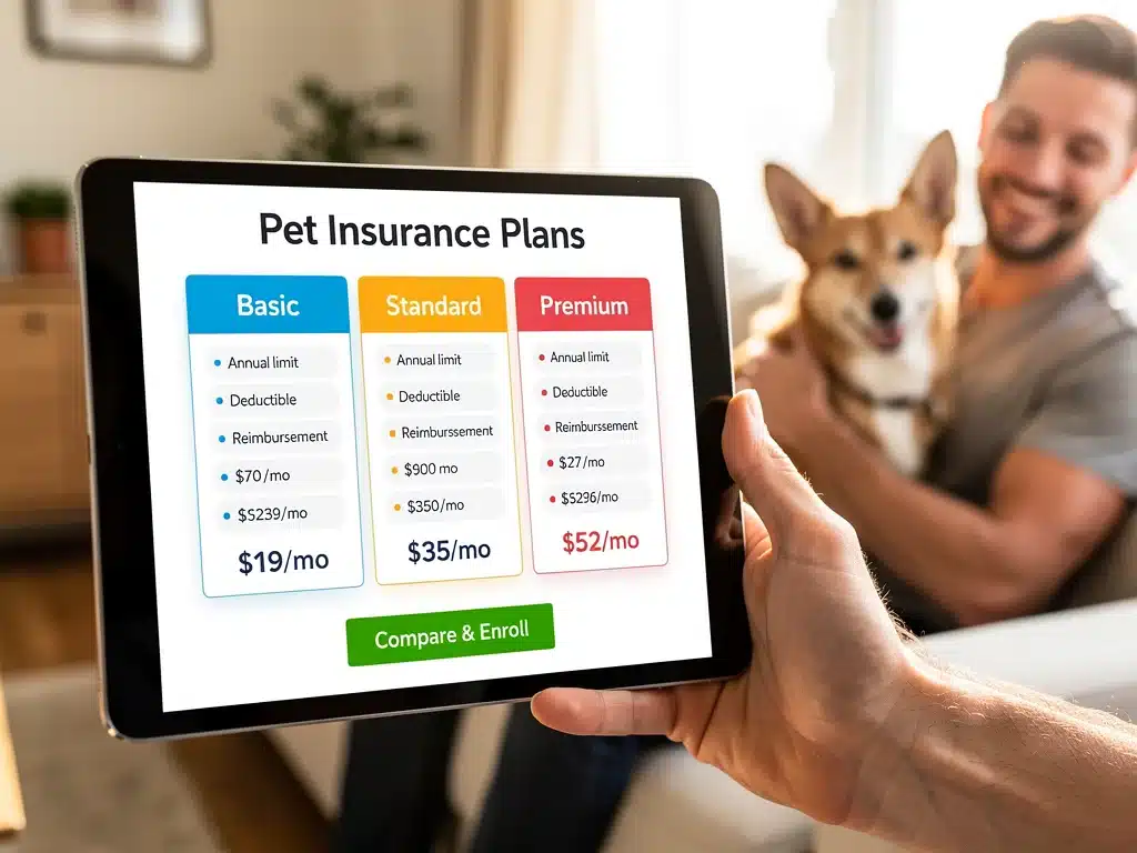 Tablet showing pet insurance plan options, highlighting choices for employees.