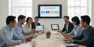 Employees exploring diverse voluntary benefits options on digital devices in a modern office.