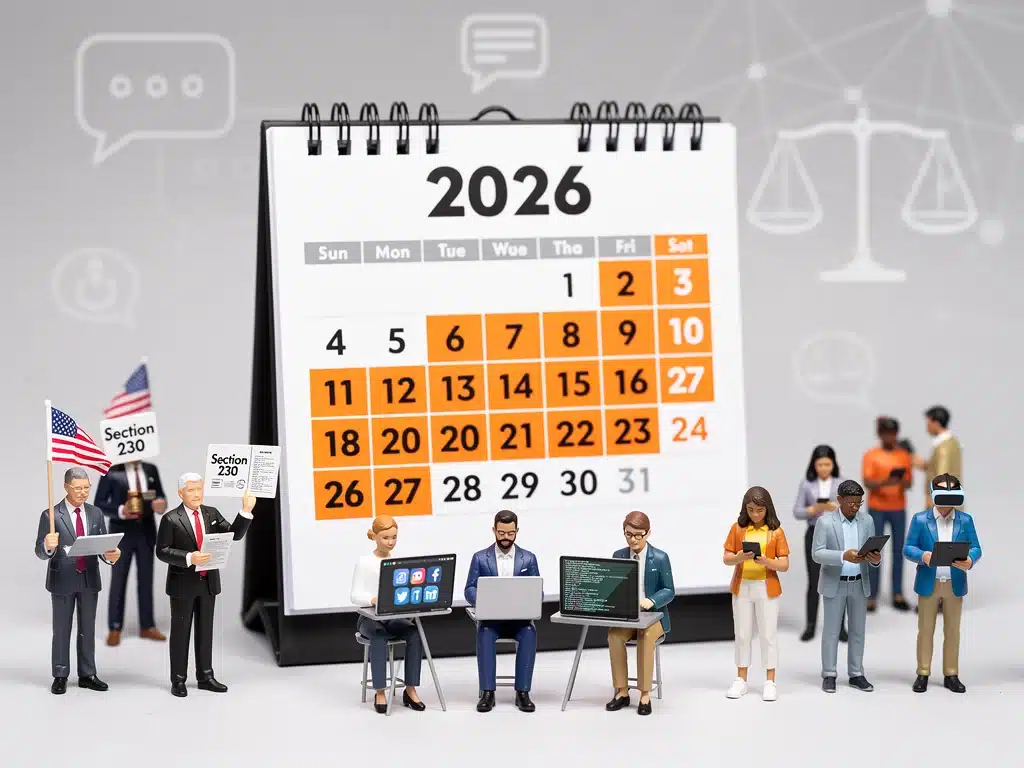 Calendar 2026 highlighted, surrounded by figures representing Section 230 stakeholders.