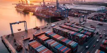 Container port with cargo ships and cranes at sunset