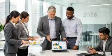 Professionals planning education benefits in 2026, with laptops and financial symbols.