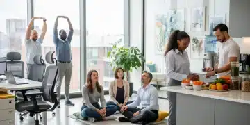 Employees engaging in diverse wellness activities in a dynamic office setting.