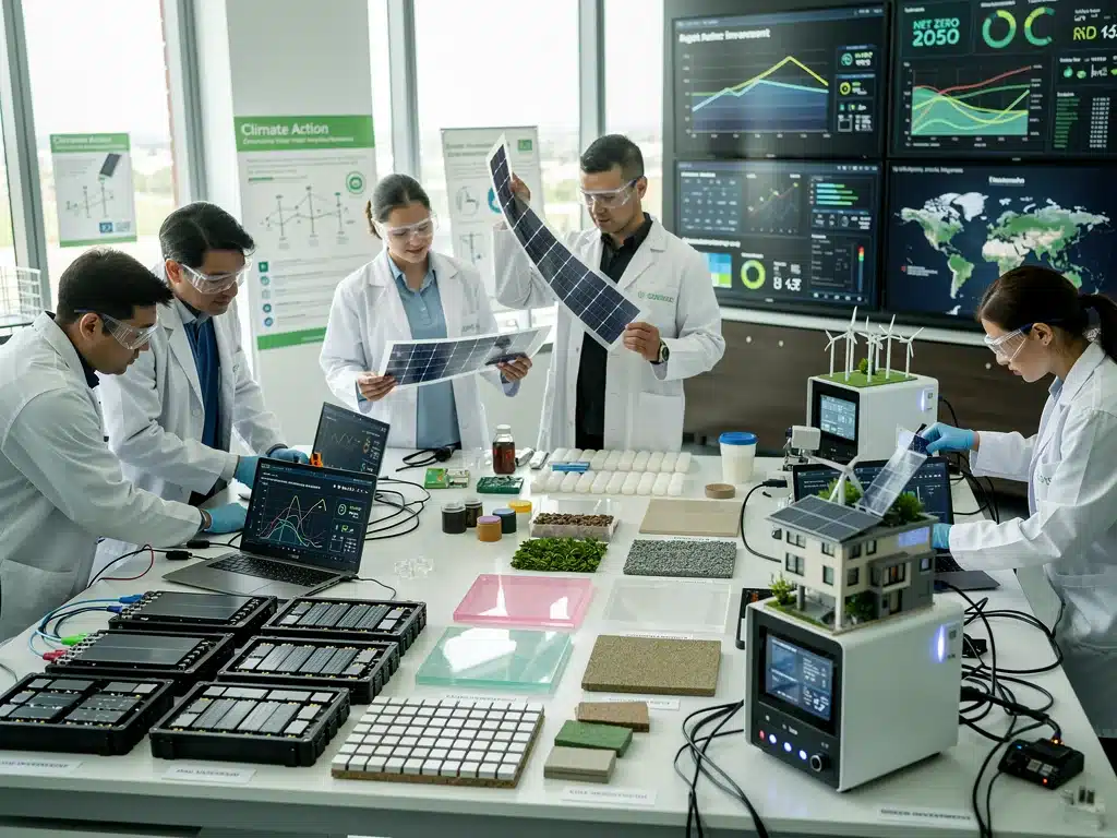 Scientists developing advanced green energy solutions in a lab