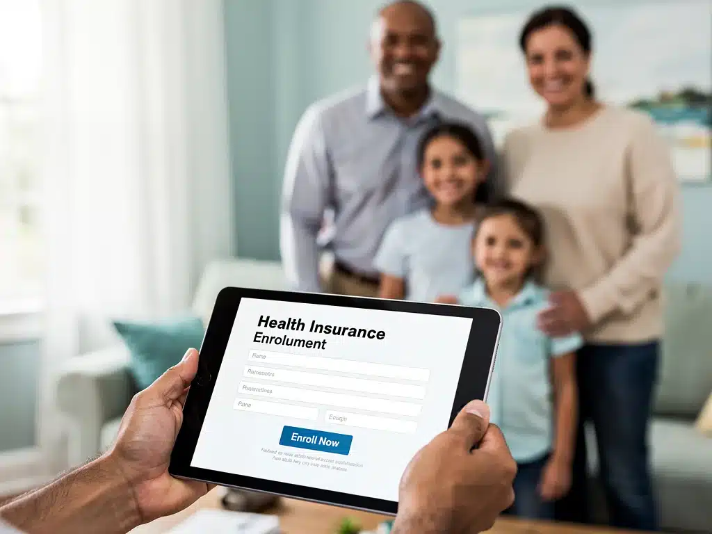 Digital health insurance enrollment form on tablet, family in background