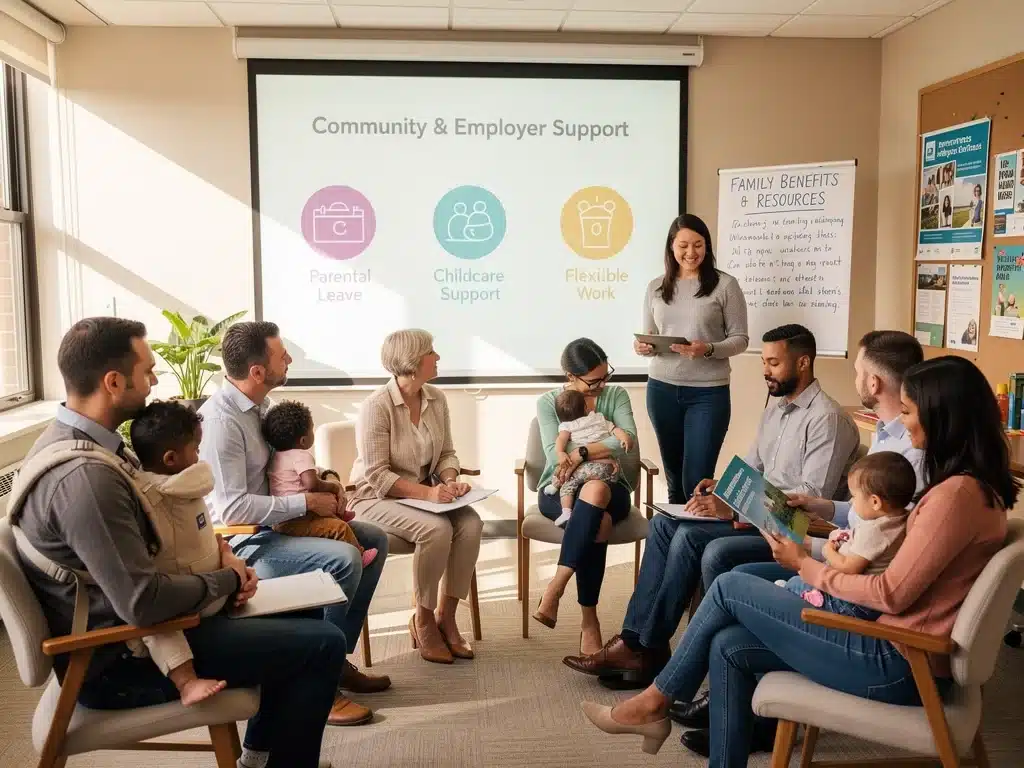 Diverse parents discussing parental leave benefits and support