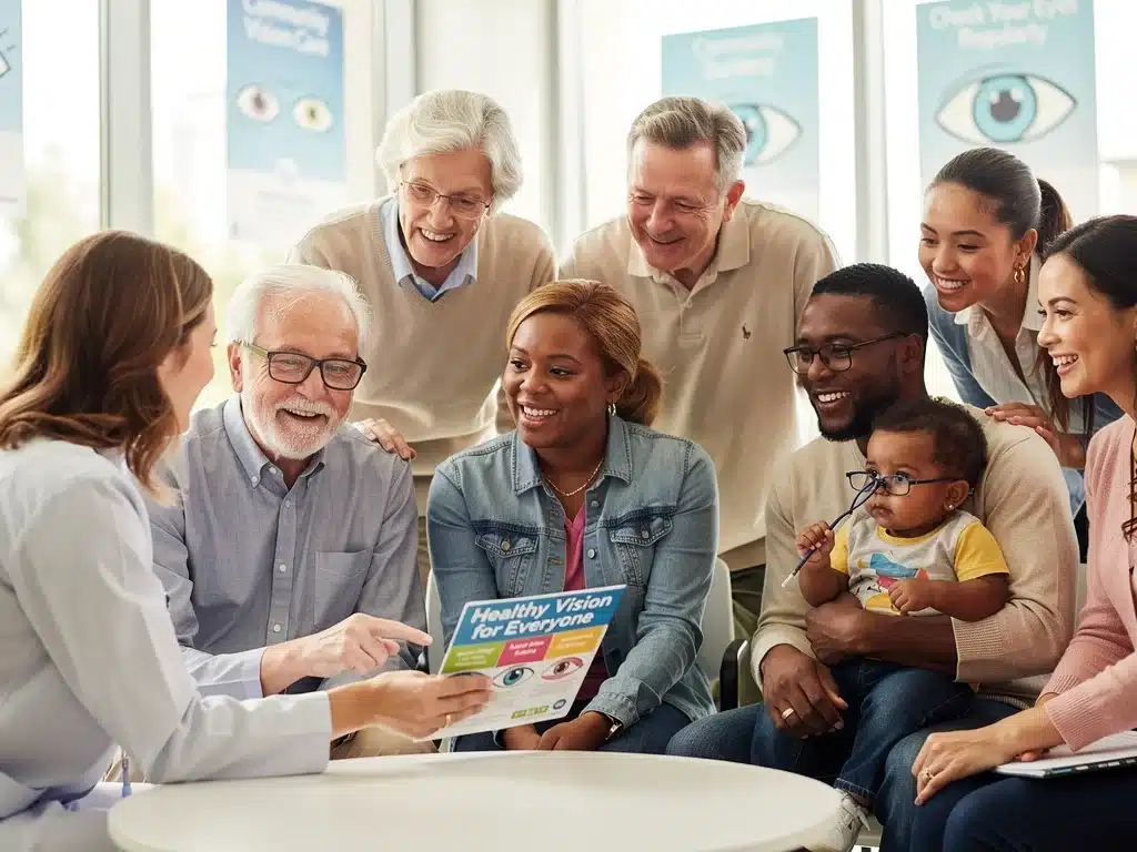 Diverse group discussing eye health benefits