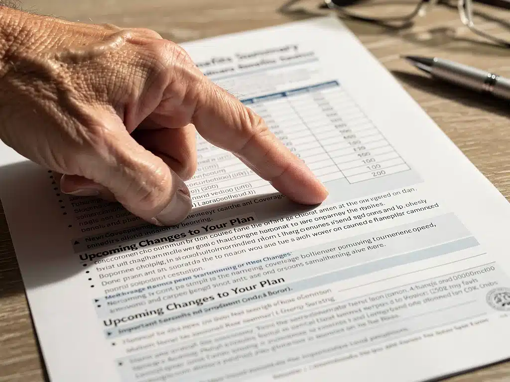 Hand pointing to important clauses on a Medicare benefits statement