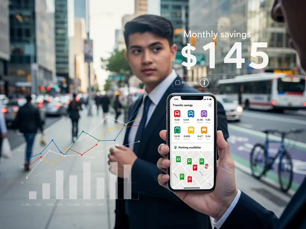 Person using a mobile app to manage transit and parking benefits for savings.