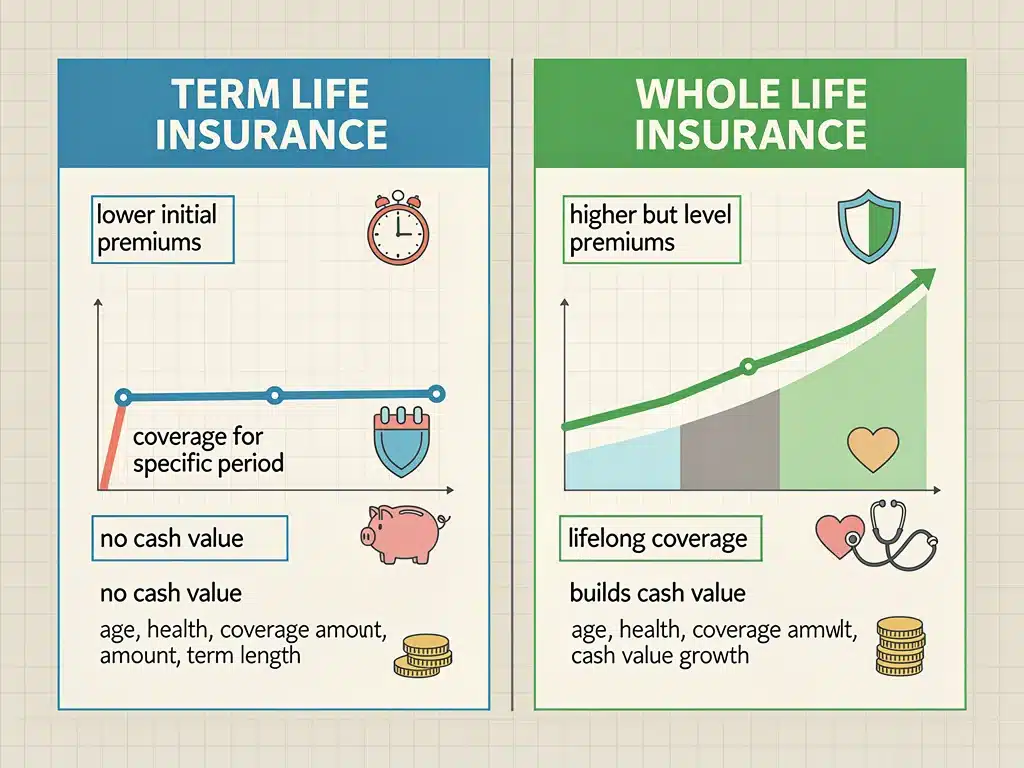 Visual comparison of premium costs and payment structures for term life vs. whole life insurance policies.