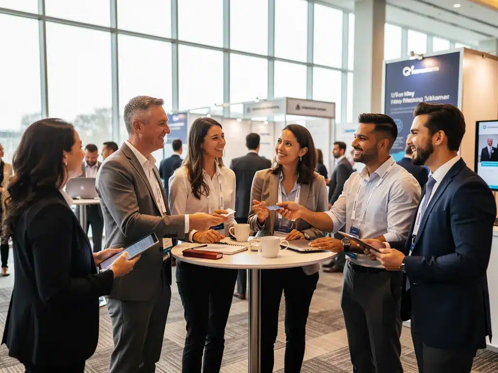 Diverse professionals networking at a conference, emphasizing collaborative learning.
