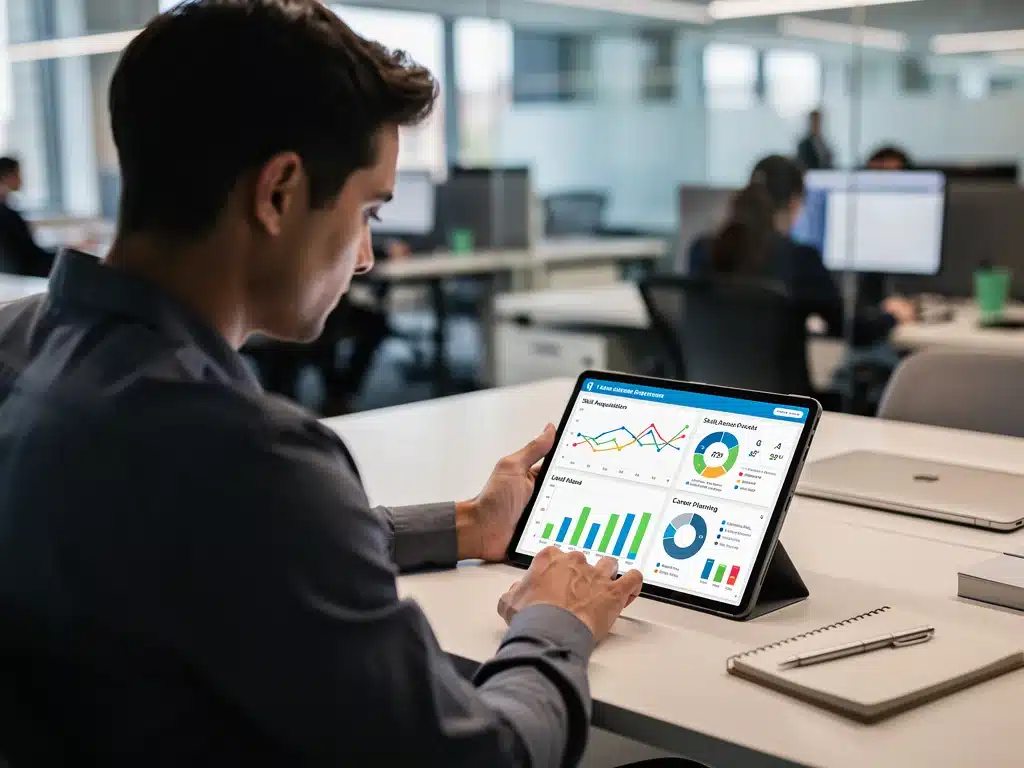Individual analyzing career growth data on a tablet, focusing on skill development.