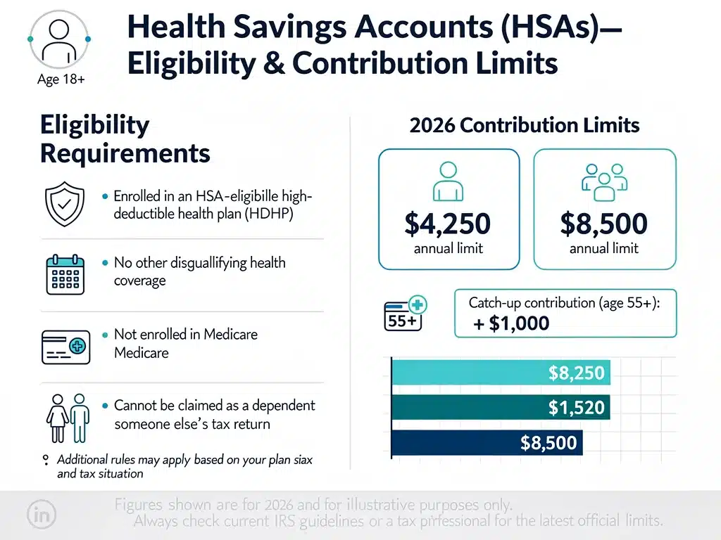 HSA eligibility requirements and contribution limits for 2026 explained visually.