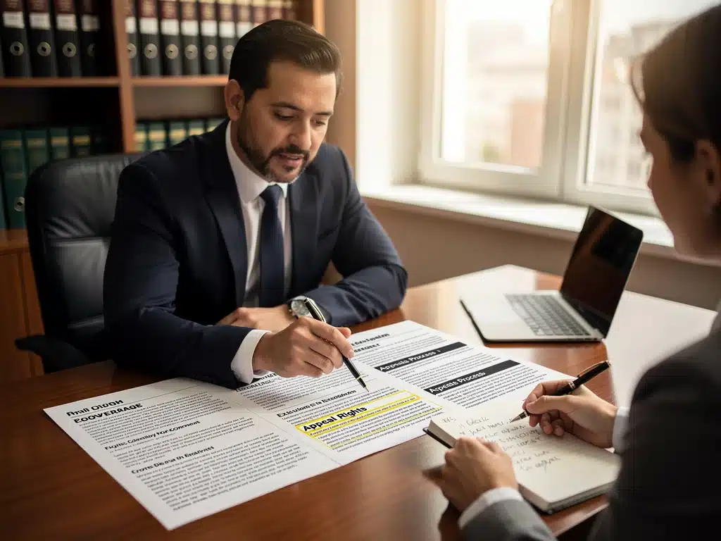 Insurance advocate explaining policy to client during appeal